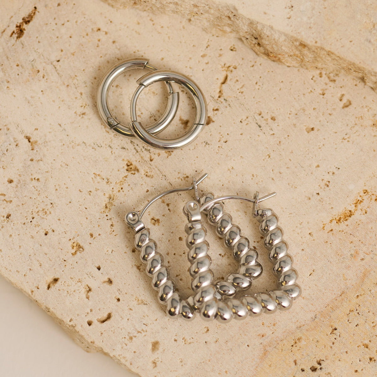 Narelle Waterproof Twisted Square Hoop and Huggie Hoop Earring Set