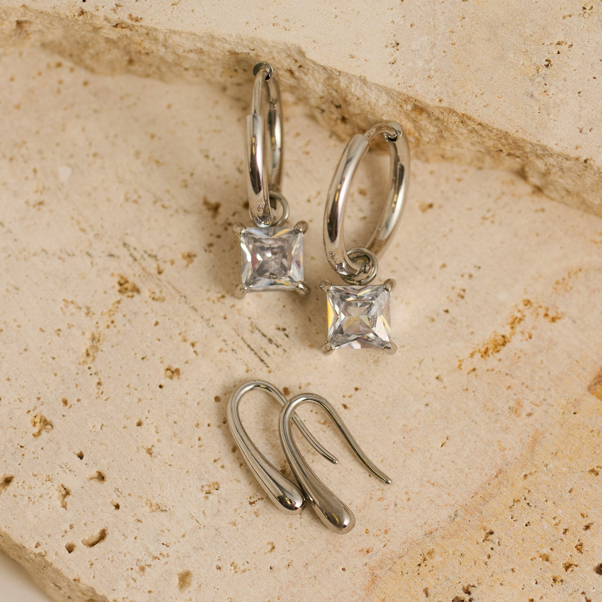 Narelle Waterproof Genuine Cubic Zirconia Hoop and Teardrop Drop Earring Set