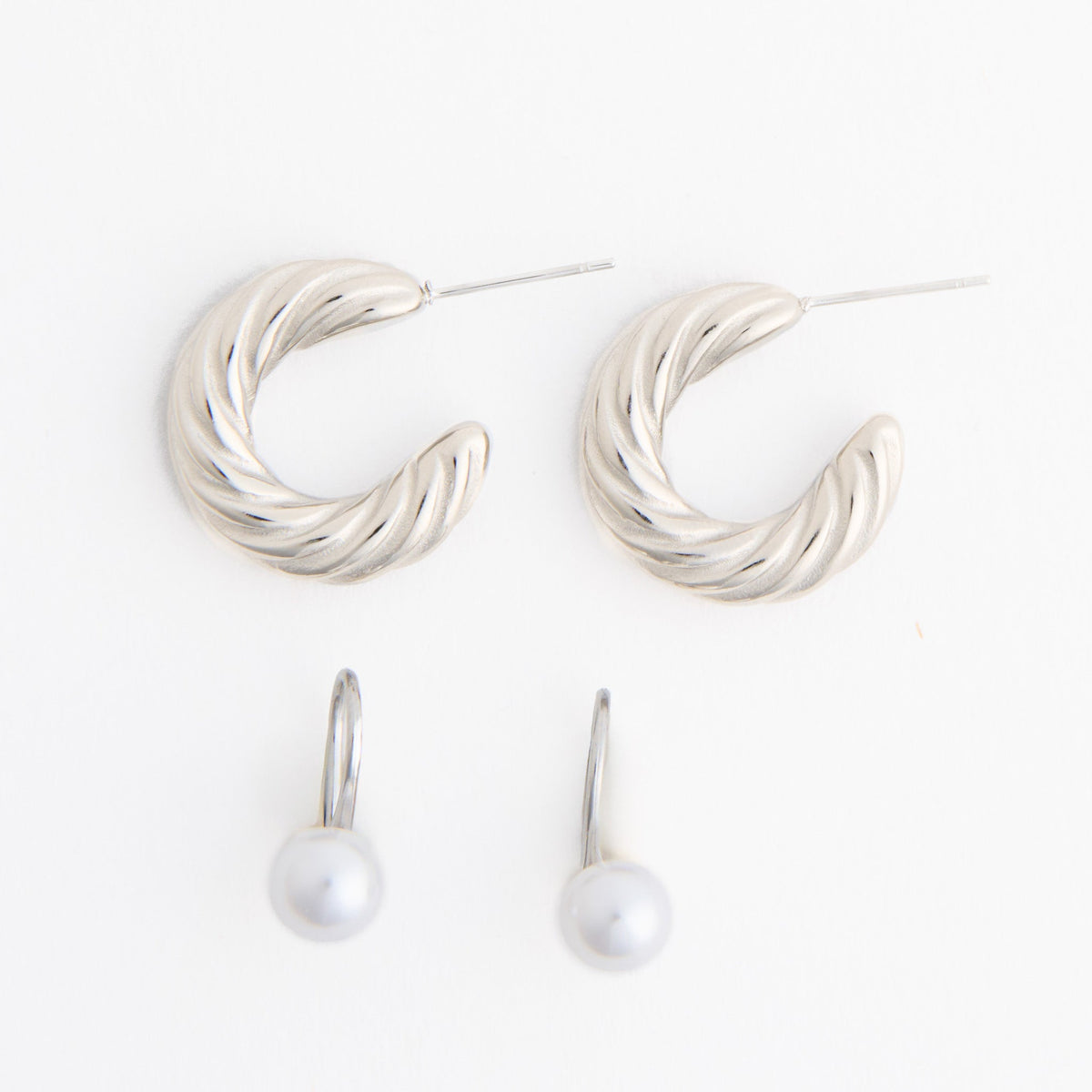 Narelle Waterproof Twisted C-Hoop and Pearl Drop Earring Set