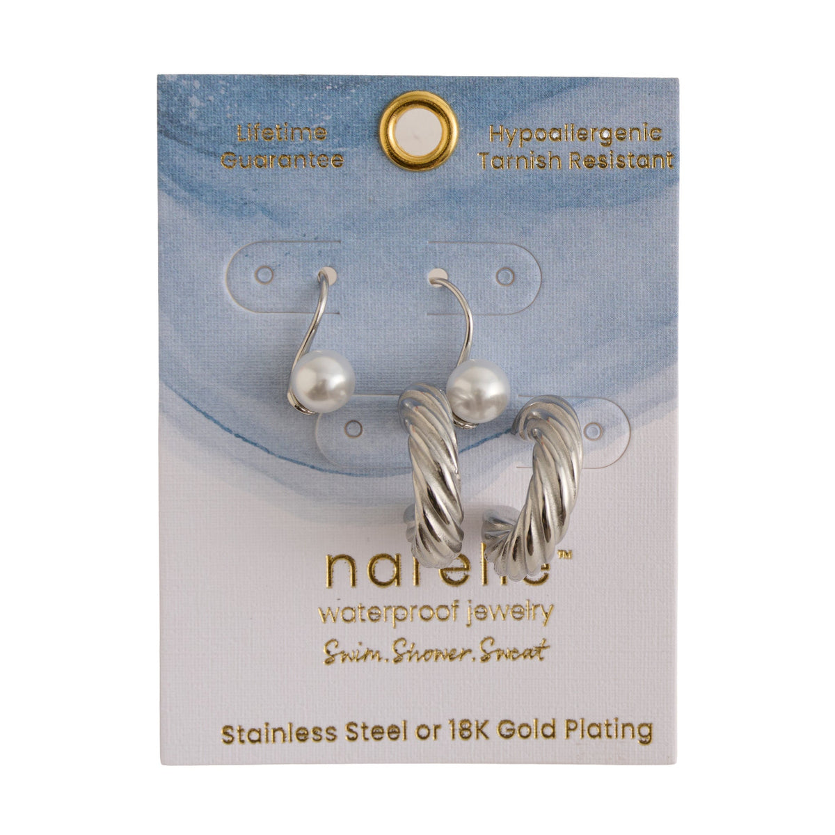 Narelle Waterproof Twisted C-Hoop and Pearl Drop Earring Set