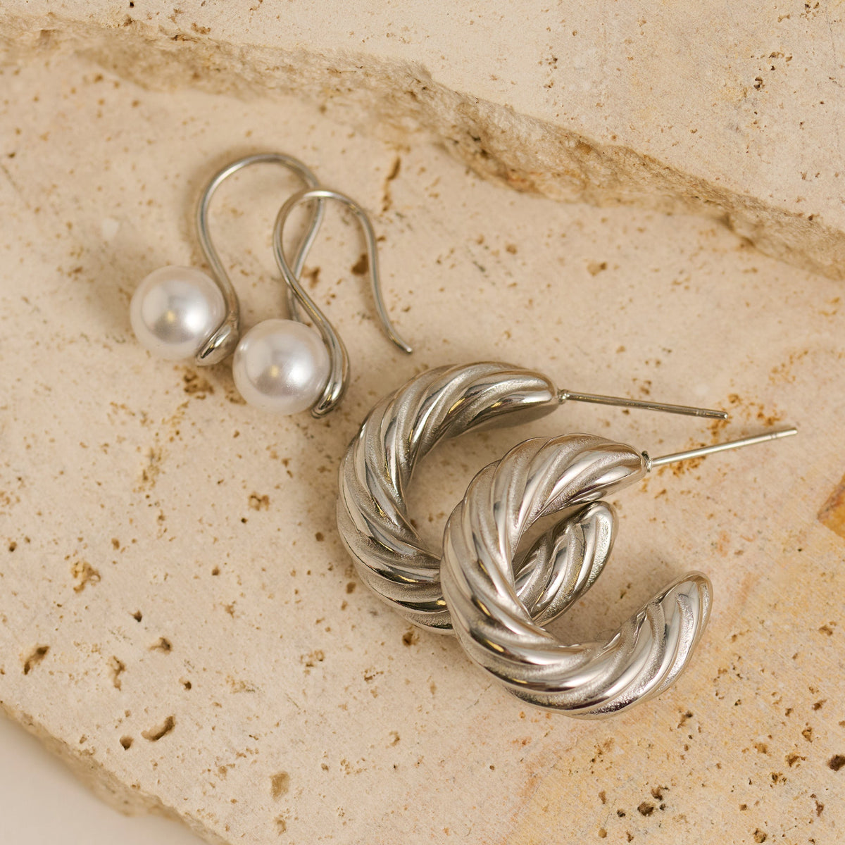 Narelle Waterproof Twisted C-Hoop and Pearl Drop Earring Set