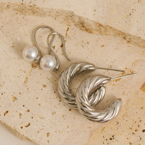 Narelle Waterproof Twisted C-Hoop and Pearl Drop Earring Set