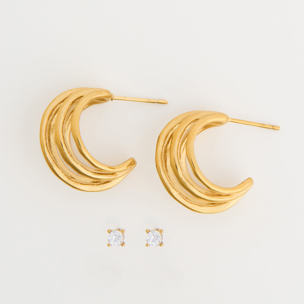 Narelle Waterproof Sculptural Hoop and Genuine Cubic Zirconia Stud Earring Set