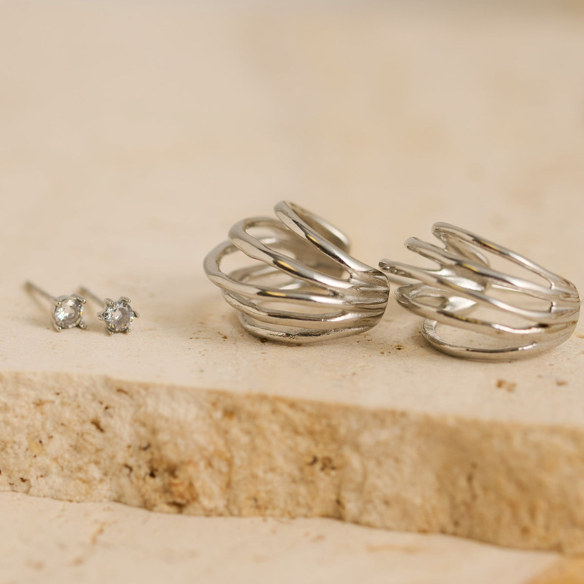 Narelle Waterproof Sculptural Hoop and Genuine Cubic Zirconia Stud Earring Set