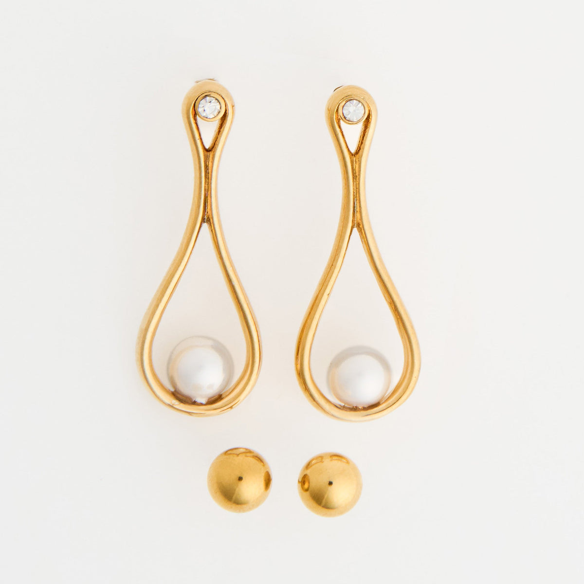 Narelle Waterproof Sculptural Teardrop Pearl and Ball Stud Earring Set