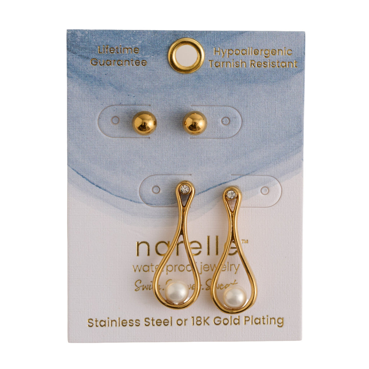 Narelle Waterproof Sculptural Teardrop Pearl and Ball Stud Earring Set