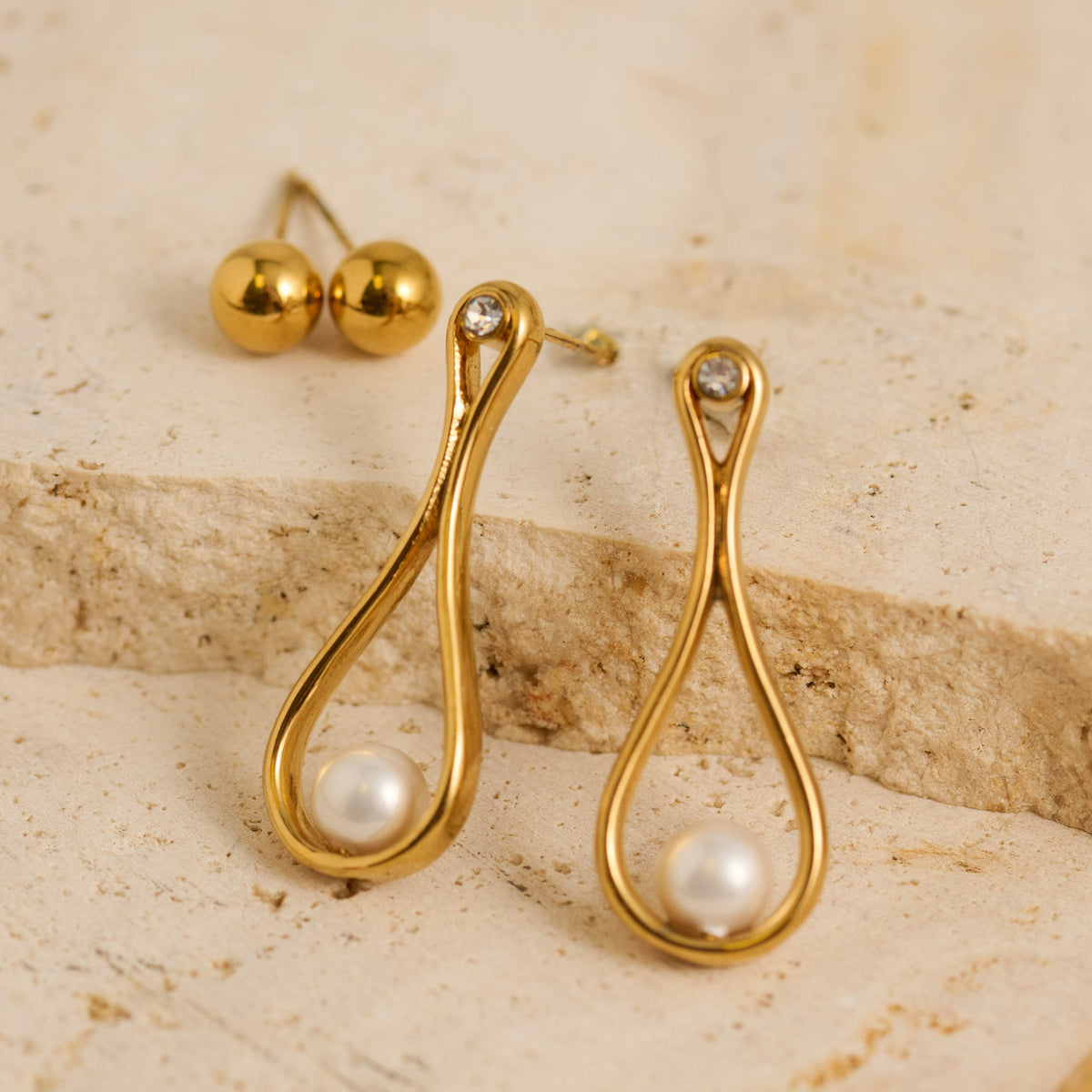Narelle Waterproof Sculptural Teardrop Pearl and Ball Stud Earring Set