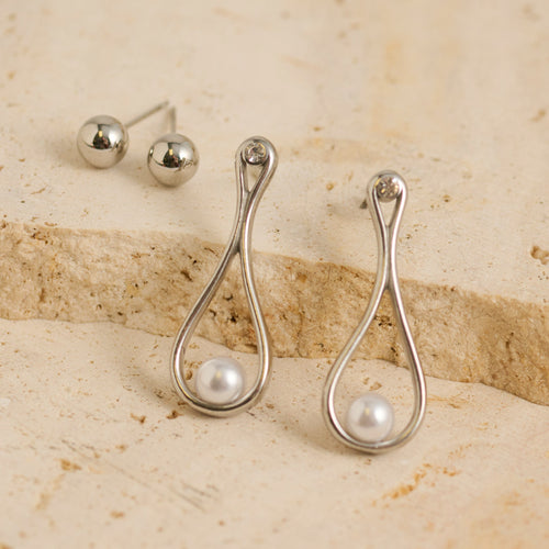 Narelle Waterproof Sculptural Teardrop Pearl and Ball Stud Earring Set