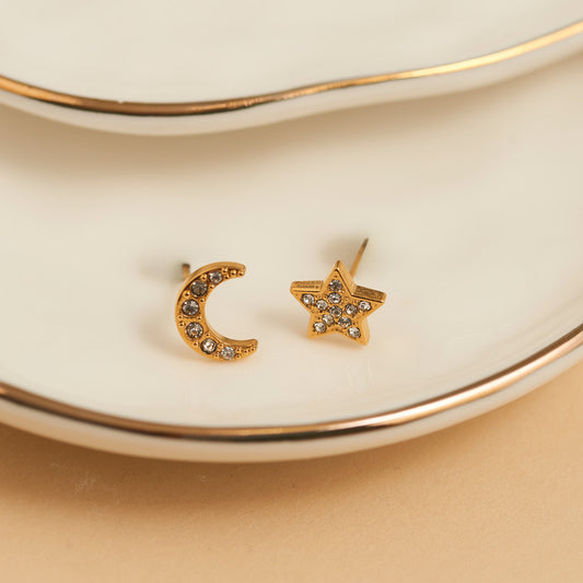 Narelle Waterproof Pave Star and Moon Stud Earrings
