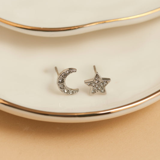 Narelle Waterproof Pave Star and Moon Stud Earrings