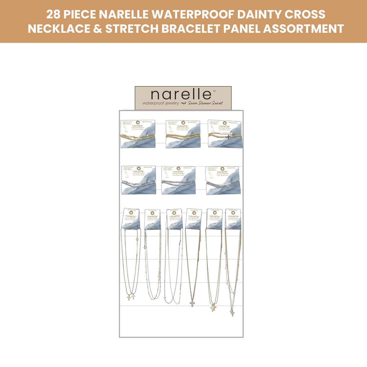 28 Piece Narelle Waterproof Dainty Cross Necklace & Stretch Bracelet Panel Assortment