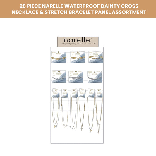 28 Piece Narelle Waterproof Dainty Cross Necklace & Stretch Bracelet Panel Assortment