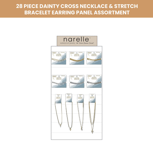 28 Piece Narelle Waterproof Dainty Cross Necklace & Stretch Bracelet Panel Assortment