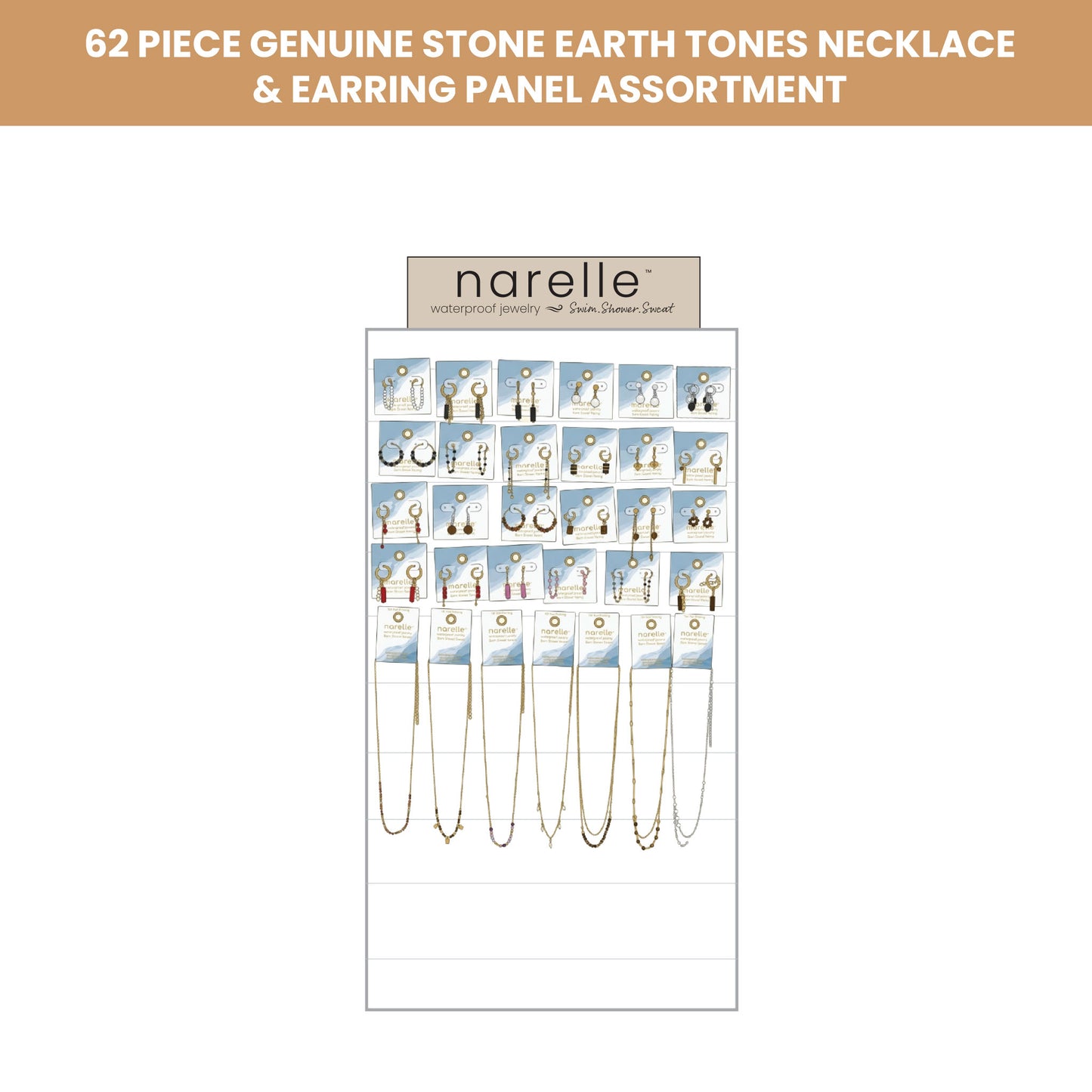 62 Piece Narelle Waterproof Genuine Stone Earth Tones Necklace And Earring Panel Assortment