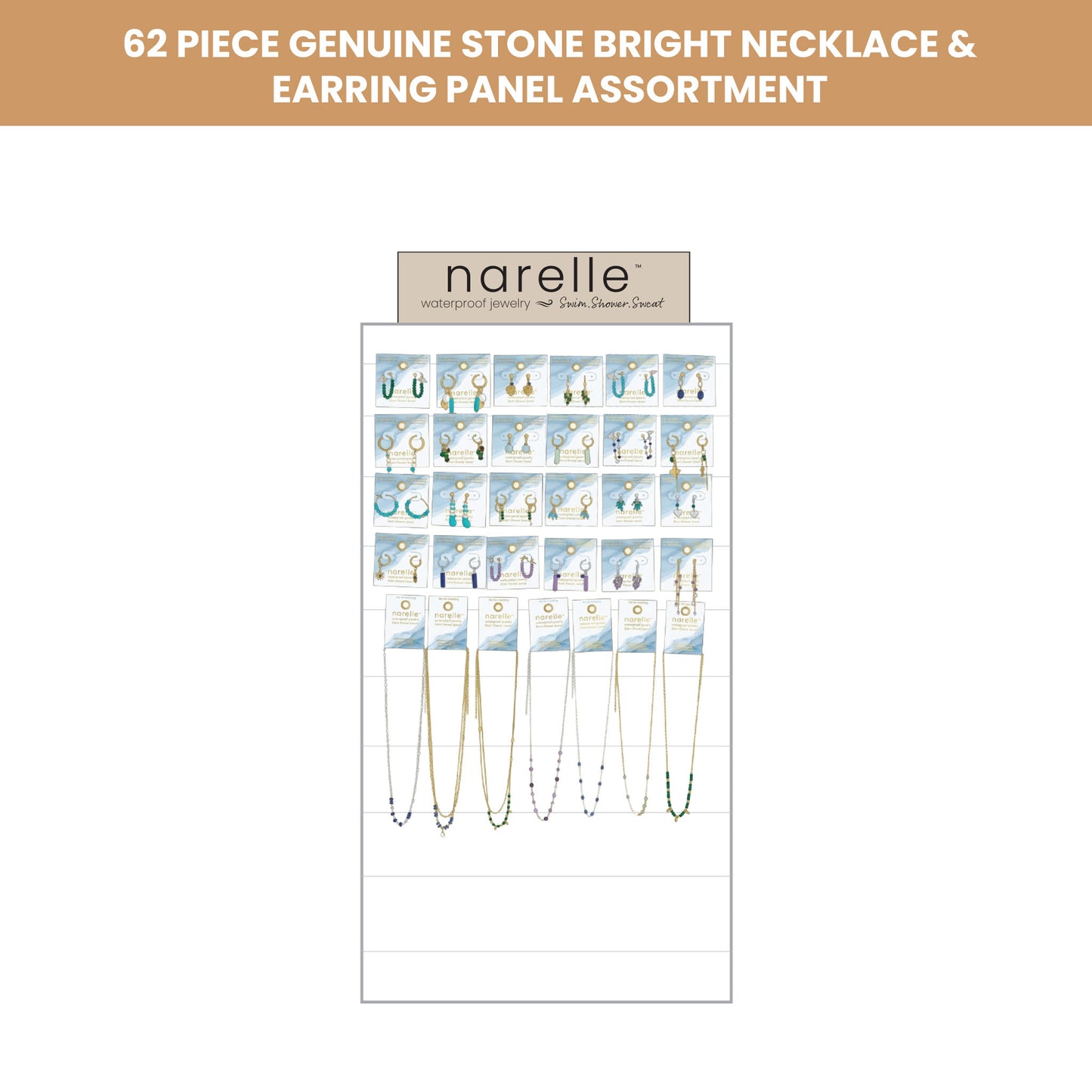 62 Piece Narelle Waterproof Genuine Stone Multicolor Brights Necklace And Earring Panel Assortment