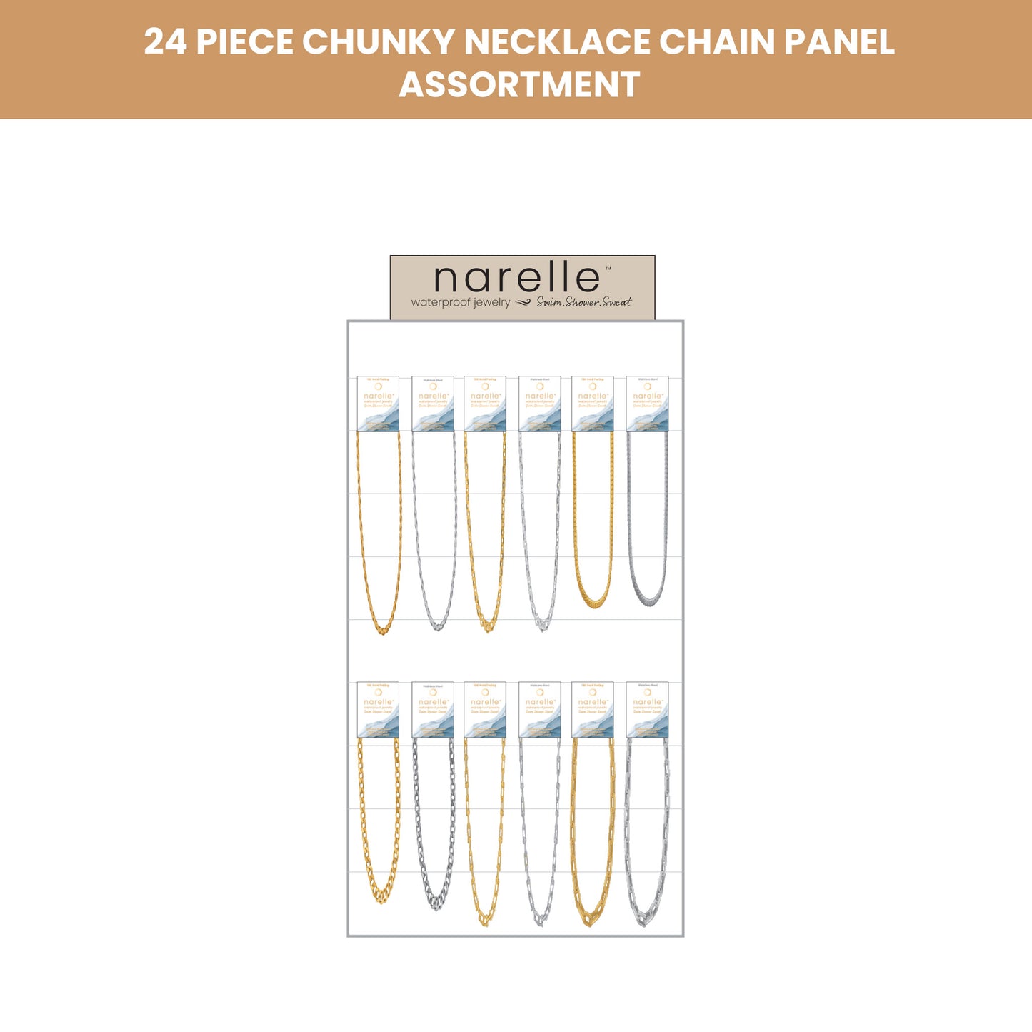 24 Piece Narelle Waterproof Chunky Chain Necklace Panel Assortment