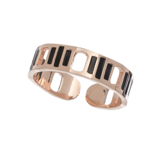 Ss Striped Black/Rose Gld Ring