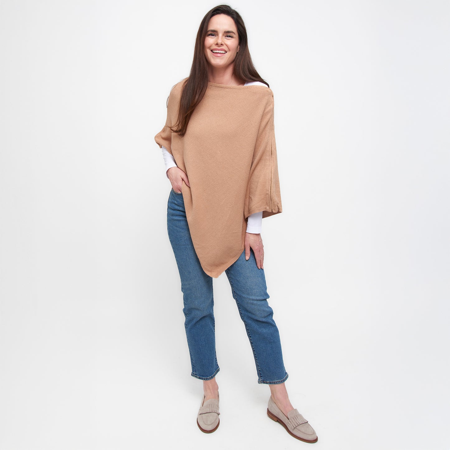 Zip Shoulder Poncho-Beige