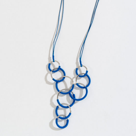 Blue Interlocking Fabric-Wrapped Circles Y-Necklace