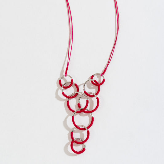 Fuchsia Interlocking Fabric-Wrapped Circles Y-Necklace