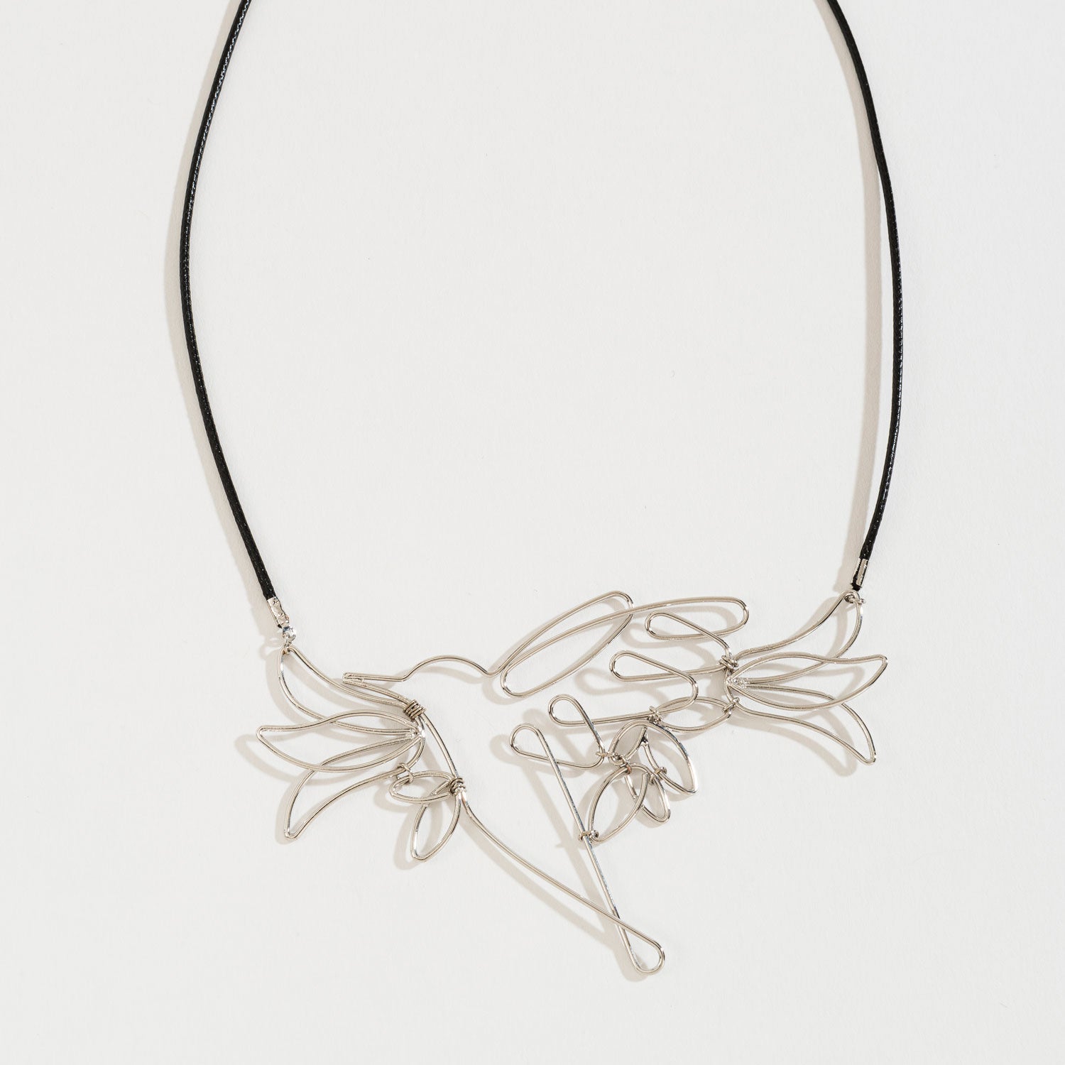 Silver Open Wire Wrap Hummingbird Cord Collar Necklace