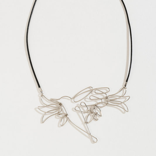 Silver Open Wire Wrap Hummingbird Cord Collar Necklace