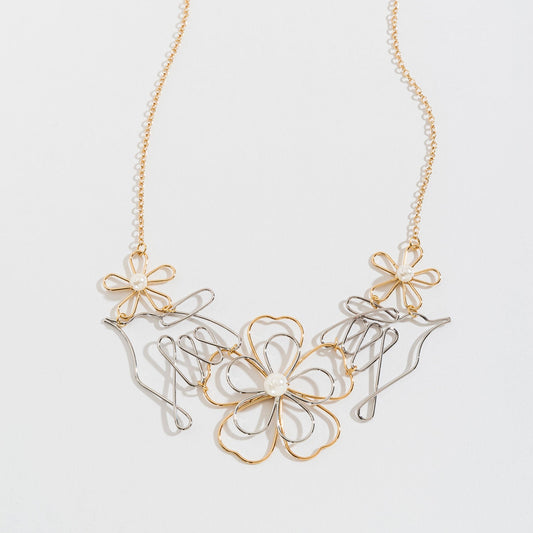 Open Flower And Hummingbird Mixed Metal Collar Necklace