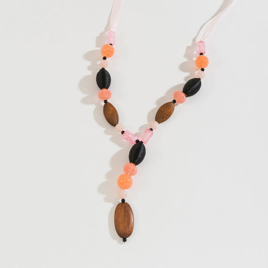 Peach Wood Bead And Fabric Y-Necklace