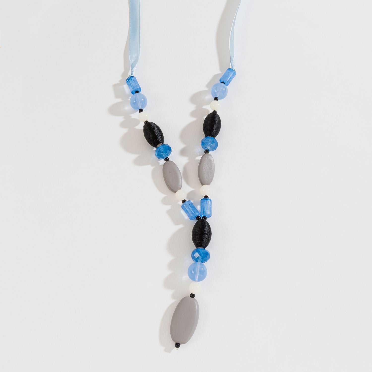 Blue Wood Bead And Fabric Y-Necklace
