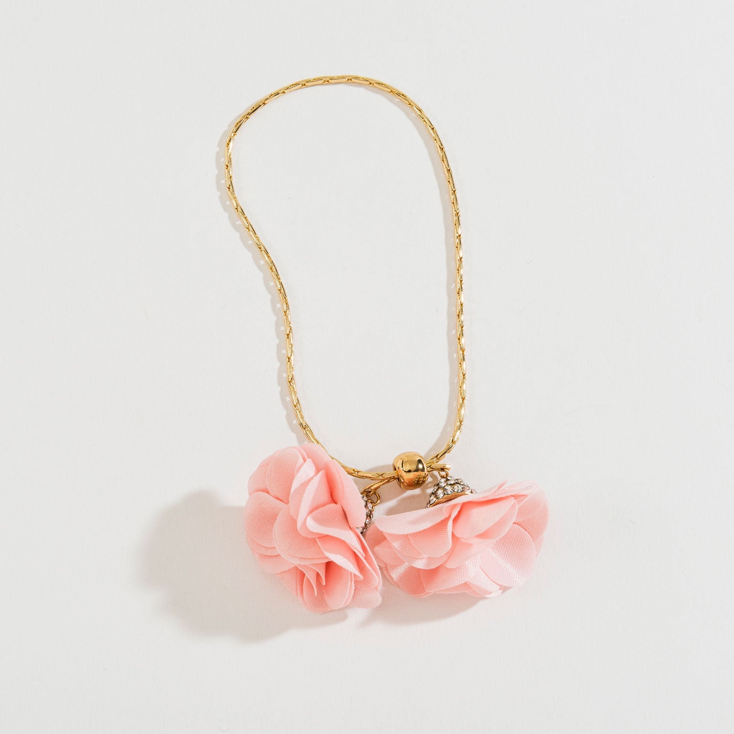 Pink Fabric Flower And Pearl Accent Adjustable Gold Bracelet