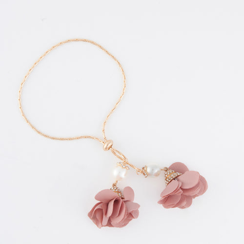 Pink Fabric Flower And Pearl Accent Adjustable Gold Bracelet