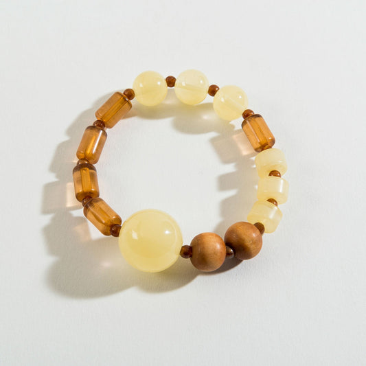 Brown Genuine Glass And Wood Bead Stretch Bracelet