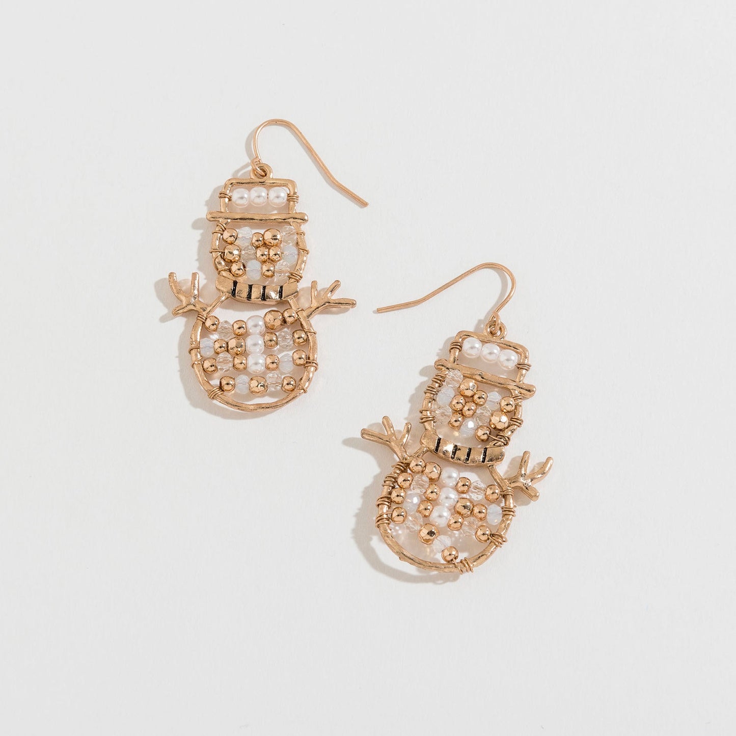 Gold Beaded Snowman Charm Drop Earrings