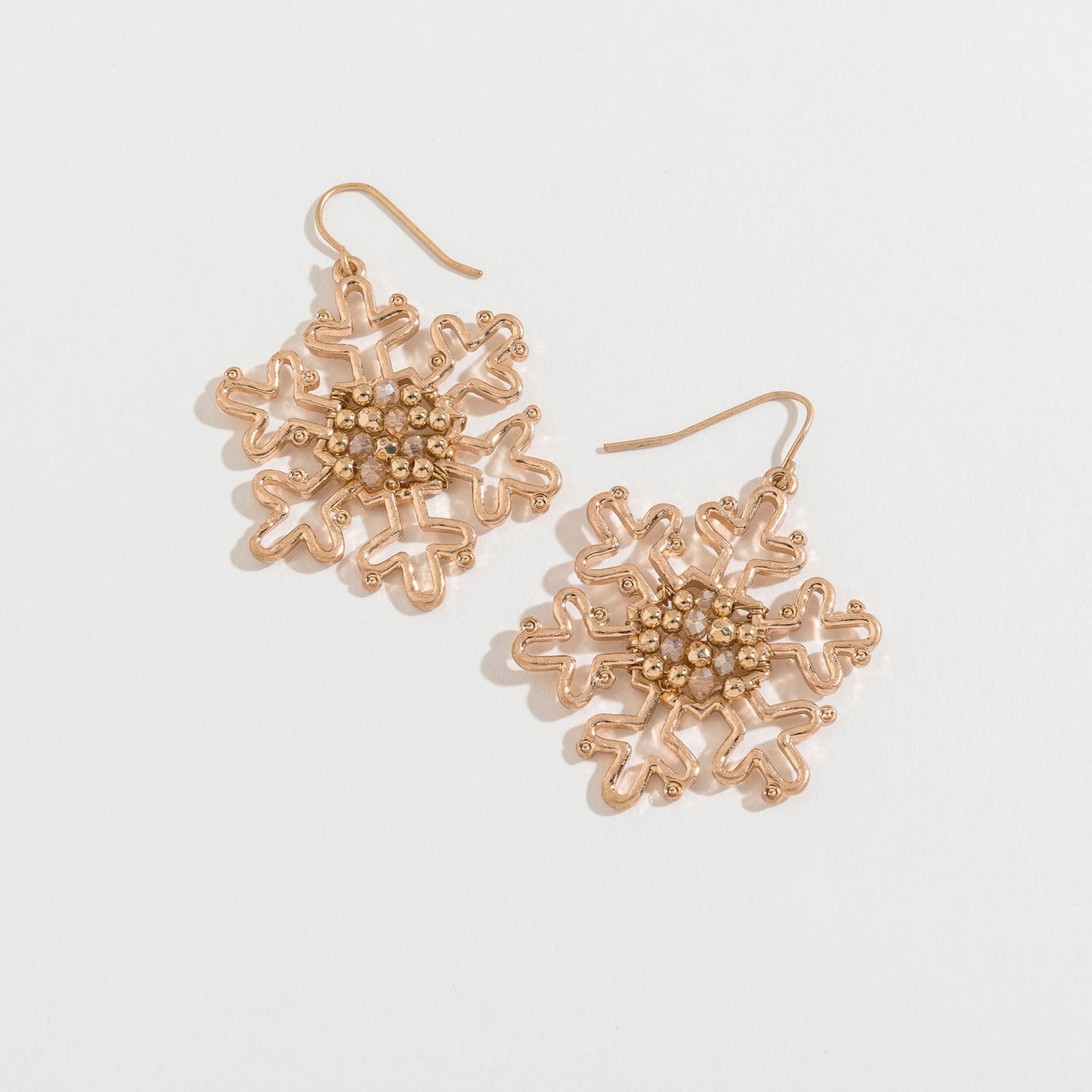 Gold Beaded Snowflake Charm Drop Earrings