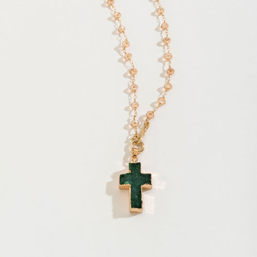 Green Druzy Cross Beaded Pendant Necklace