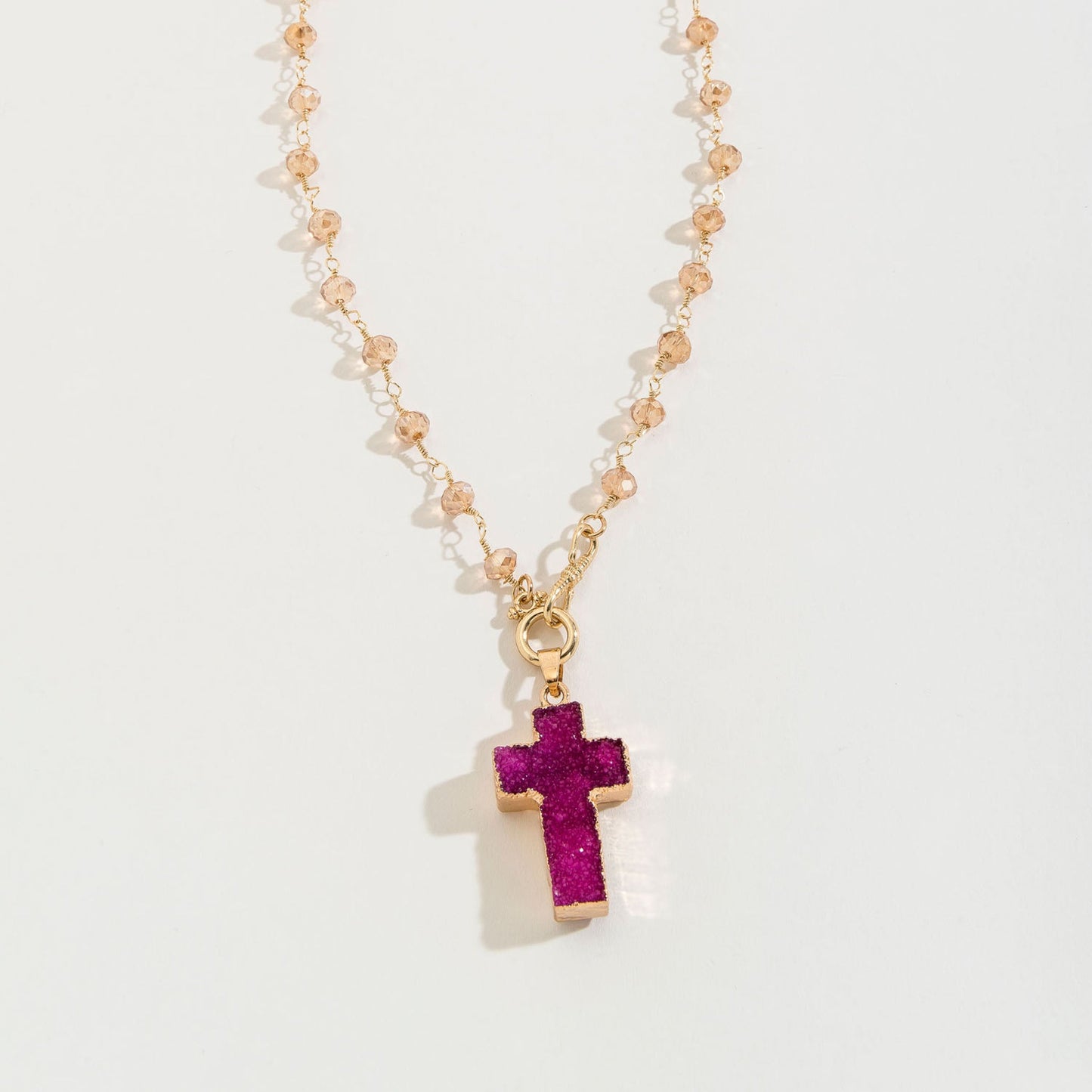 Pink Druzy Cross Beaded Pendant Necklace