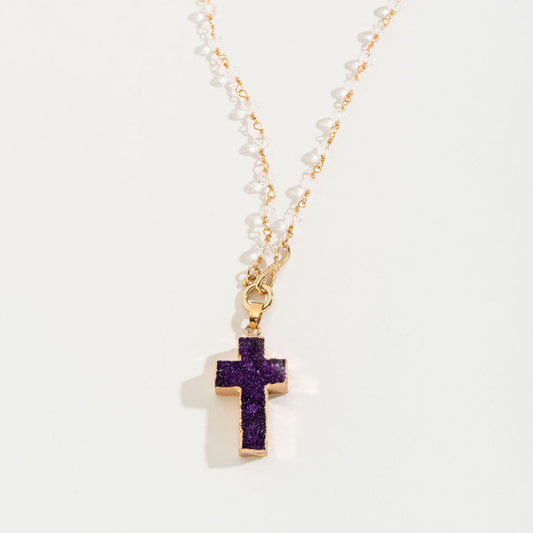 Purple Druzy Cross Beaded Pendant Necklace