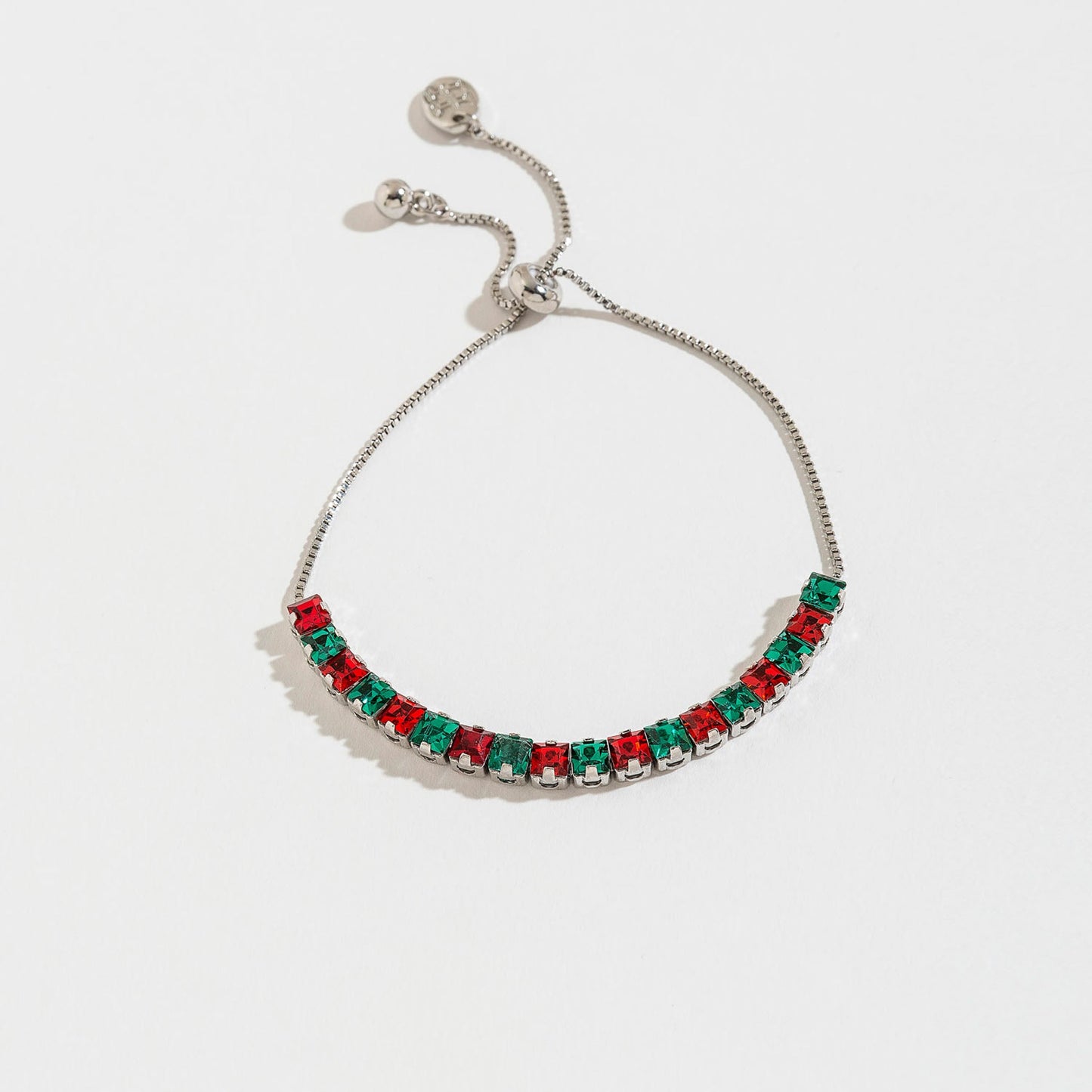 Red And Green Rhinestone Pull Cord Silver Bracelet