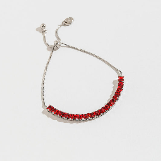 Red Rhinestone Pull Cord Silver Bracelet