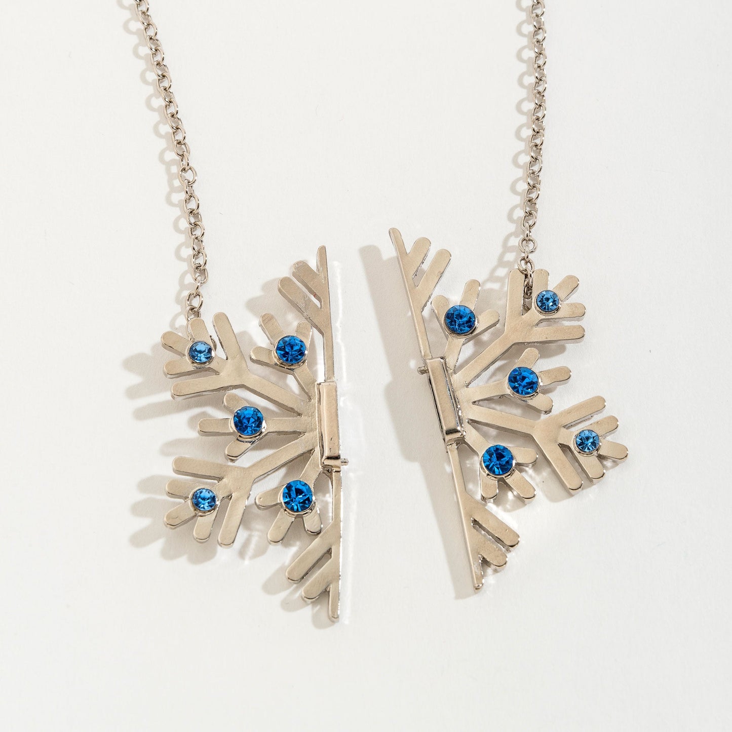 Blue Rhinestone Silver Snowflake Magnetic Front Clasp Necklace