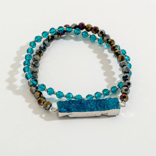 Blue Rectangle Druzy And Glass Bead Layered Bracelet