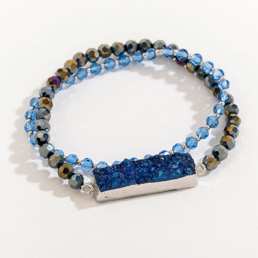 Dark Blue Rectangle Druzy And Glass Bead Layered Bracelet