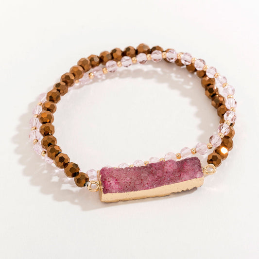 Pink Rectangle Druzy And Glass Bead Layered Bracelet