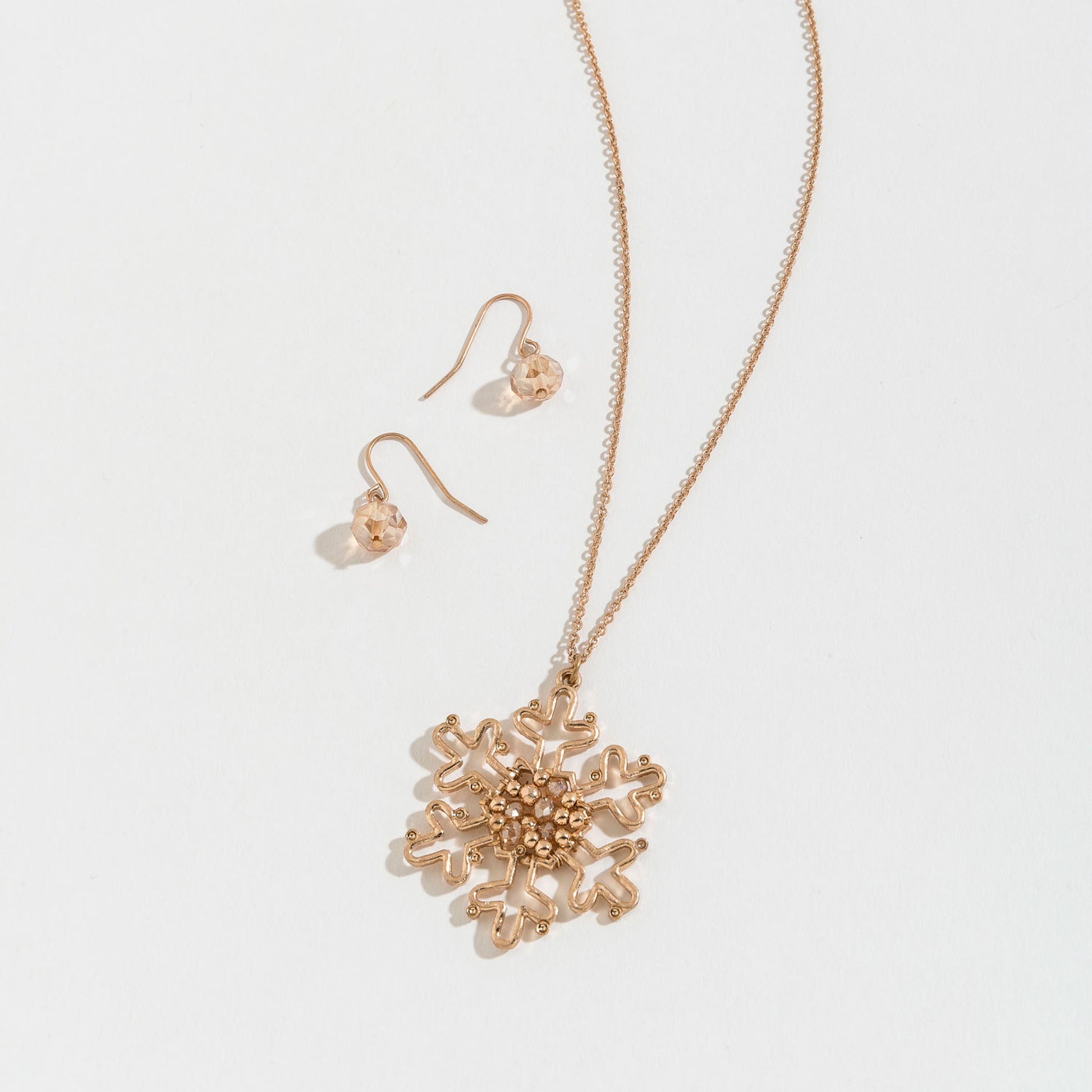 Gold Snowflake Beaded Pendant Necklace And Earring Set