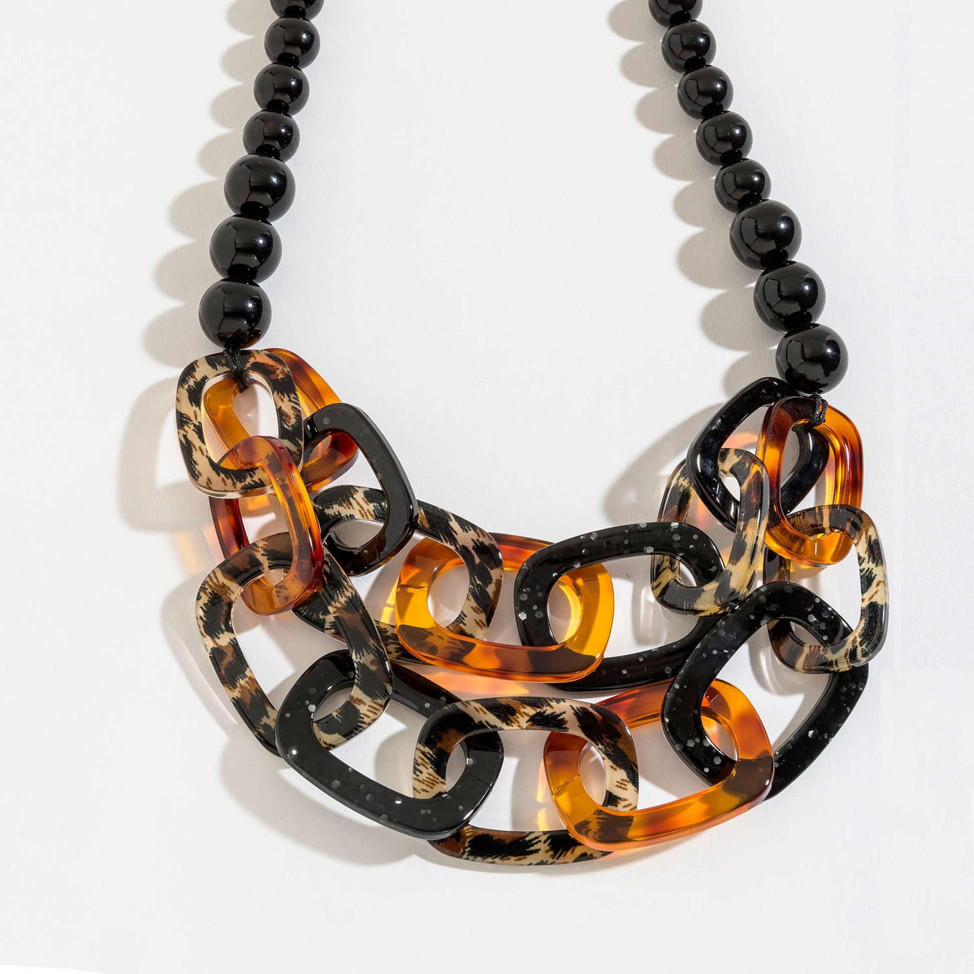 Layered Animal Print And Beaded Chunky Chain Necklace