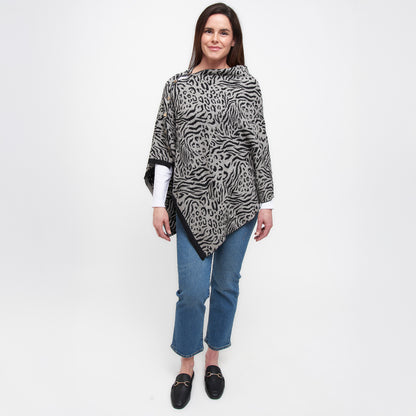 Black Animal Print Reversible Poncho With Gold Button Accents