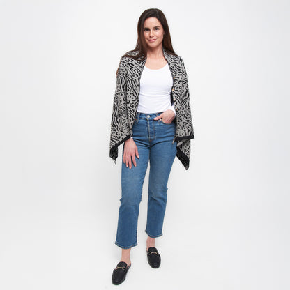 Black Animal Print Reversible Poncho With Gold Button Accents