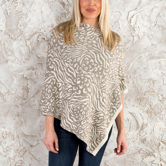 Light Gray Animal Print Reversible Poncho With Gold Button Accents