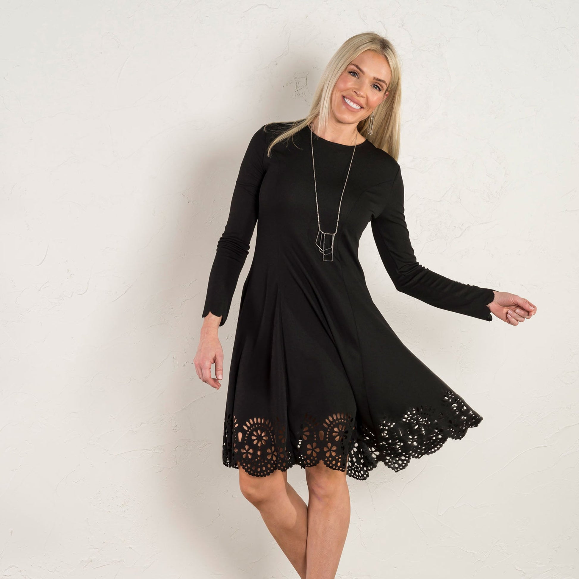 Black Scallop Edge Mid Length Dress With Laser Cut Hem