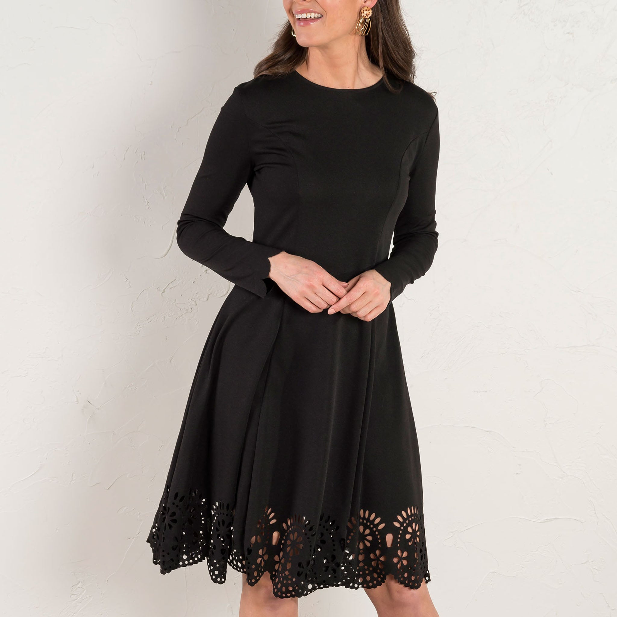 Black Scallop Edge Mid Length Dress With Laser Cut Hem – Howard's, Inc